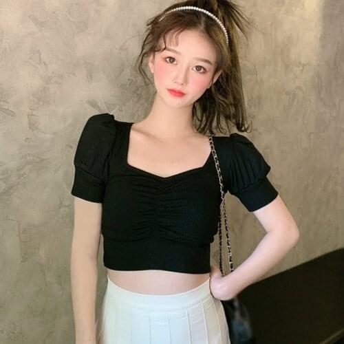 Womens Solid Square Collar Blouses Summer Sexy Slim Expose Navel Short Sleeve Puff Sleeve Casual Shirt