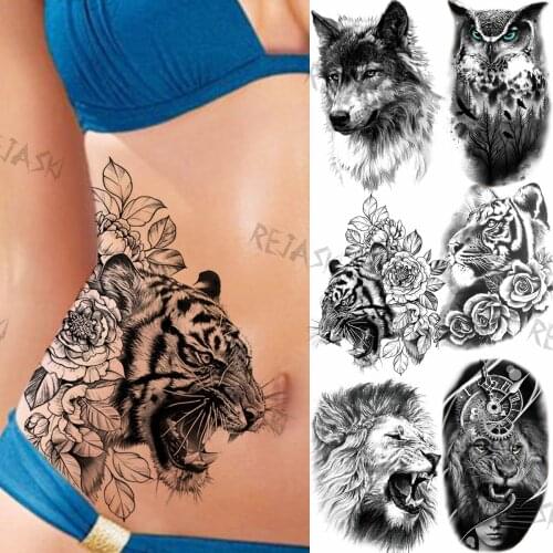 Flower Tiger Roar Temporary Carnation Tiger Tattoos For Women Adults Wolf Owl Forest Lion Fake Tattoo Sticker Sexy Arm Tatoos