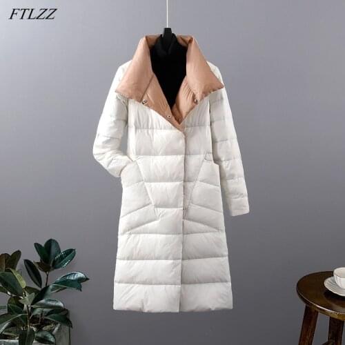 FTLZZ Winter New Women Light Thin Double Sided Down Long Jacket White Duck Down Splicing Jackets Double Breasted Warm Snow Coat