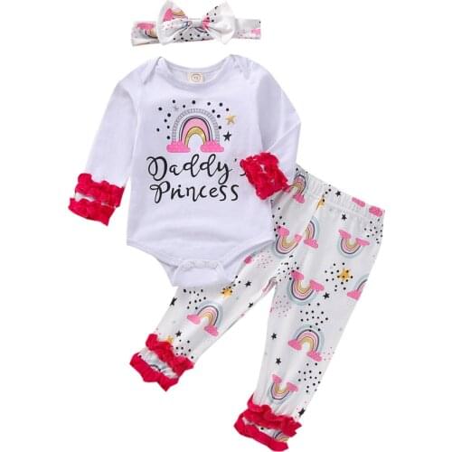 Baby Autumn Clothing Set Rainbow Print Clothes Set, Girls Long Sleeve O-neck Romper+Trousers+Bow-knot Headband
