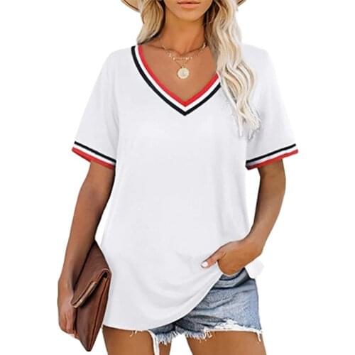 Summer V-Neck Stitching Short Sleeve Womans T shirt Top Plus Size Casual Soft Tees Fashion All-Match Striped Female Clothing