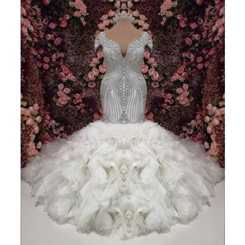 Tiered Skirts Mermaid 2021 Wedding Dresses V Neck Beads Plus Size Bridal Gowns African Vestidos robes de soirée