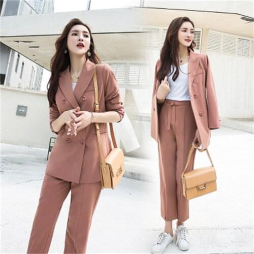 Fashion suit suit female autumn New Casual blue Double-breasted blazer suit + pants two-piece OL suit women