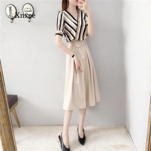 2021 New Summer Fashion Striped Shirt + Stretch Chiffon Tight Casual Mid-Length Skirt 2-Piece Suit for Female Workers