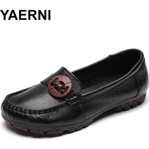 YAERNI 2020autumn new first layer cowhide shallow mouth comfortable shoes flat shoes retro decorative mother shoes womens shoes
