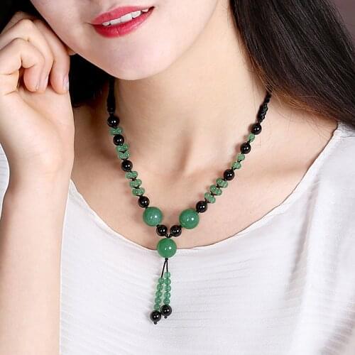 Hand-Made Natural Black Round Beads Necklace Green DONGLING Jades Stone Pendant Necklace Fashion Gift for Women Stone Jewelry