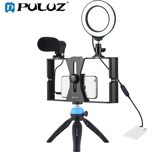 PULUZ 4 in 1 Vlogging Live Broadcast Smartphone Video Rig +4.6 inch LED Selfie Ring Light & Microphone +Tripod Mount+Tripod Head