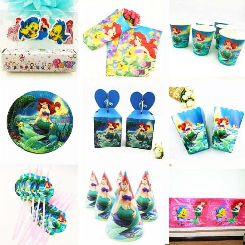Little Mermaid Party Supplies Decoration Favors Tablecloth Cup Plate Straw Napkin Gift Bag Candy Popcorn Box Kids Birthday DIY