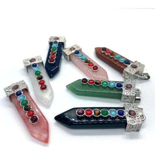 Seven Chakra Natural Stone Charm Crystal Agate Reiki Healing Spirit Pendulum Pendant Making DIY Jewelry Necklace Bracelet13x55mm