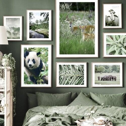 Fog Mountain Jungle Panda Deer Elephant Palm Tree Wall Art Print Canvas Painting Nordic Poster Decor Pictures For Living Room