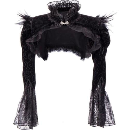 Vintage Gothic Jackets Womens Accessories Long Sleeve Feather Steampunk Corset Bolero Black Velvet Cropped Goth Victorian Tops