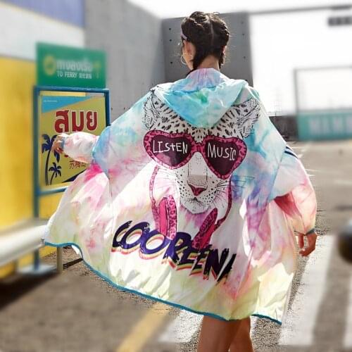 Street Spring Summer Sun-Proof Sports Womens Cartoon Print Hoody Thin Coat Outerwear Hooded Casual Zipper Long Blouses NS200