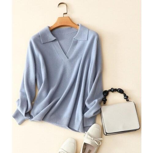 New fashion high grade cashmere knit women tshirt pullover tees turn-down collar Vneck full sleeve spring autumn solid color M/L