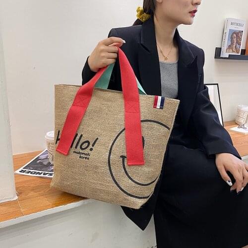 Cotton Linen Women Shoulder Bags Cute Smile Designer Handbags Large Capacity Tote Bag Ins Wild Female Shopping Bag Purses Sac
