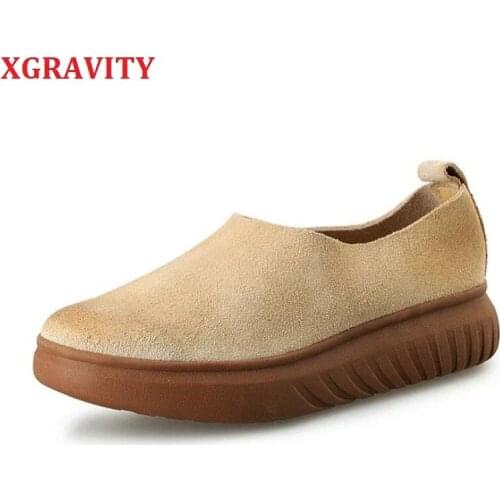 XGRAVITY Size 35-40 2020 Spring Autumn Retro Fashion Platform Thick Sole Shoes Genuine Leather Ladies Flat Shoes Female A229