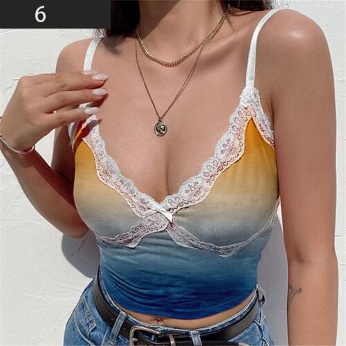 Women Lace Crop Top Sexy Strap Tank Top Backless Slim Tie Dye MulticolorCamis Sleeveless Summer Camisole Top Shirt