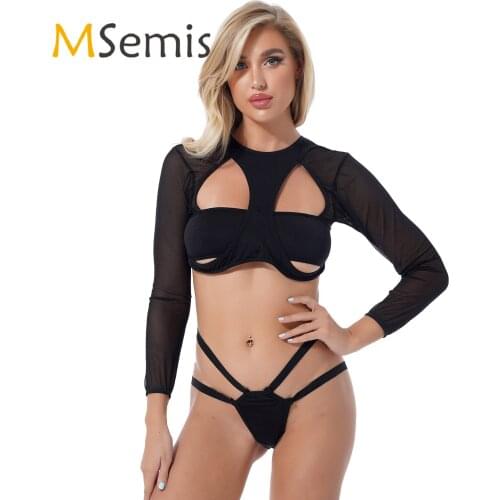 Womens See-through Mesh Swimming Suit Swimwear O Neck Long Sleeve Cutout Crop Top with Thongs Bikini Bottom Ladies Swimsuit