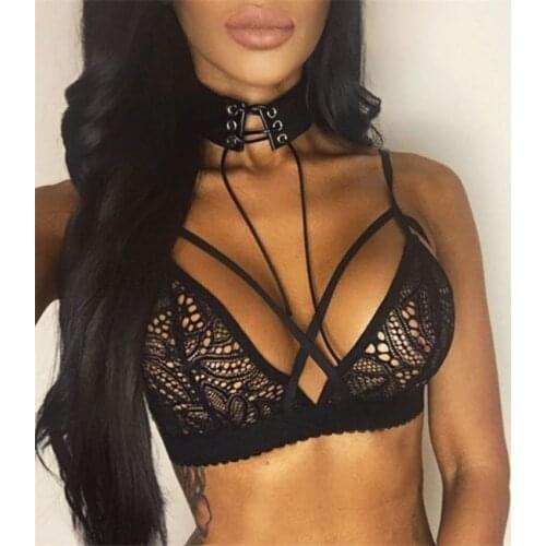 2019 New Women Sexy Crossing Bandage Crop Tops Floral Sheer Lace Bra Top Seamless Black Bralette Wireless Bustier Tank Top Camis