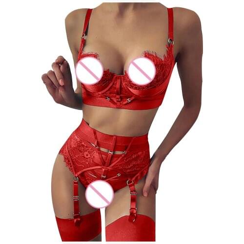 Ladies Sexy Lingerie Set Eyelashes Lace Stitching Bra Thong Garter Belt Sexy Temptation Underwear ropa interior femenina лифчик