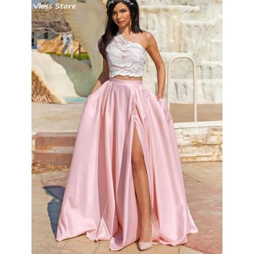 Rose Pink Prom Dress Satin Pockets A-line Split Simple Applique Lace Feather Floor Length One Shoulder Evening Dress платье 2021