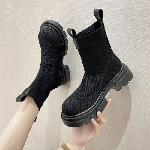 Winter Couple Socks Short Boots Woman 2021 Thick-Soled Leisure Large Size Net Red Shoes Fashion Party Knitted Female Booties