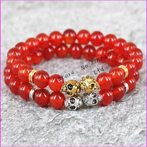 1pcs 2017 new fashion 8mm beads bracelet gold/silver color skull head natural red stone stone mens beads bracelet