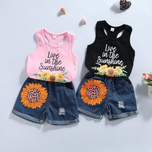 Toddler Girls 2Pcs Summer Outfits Sleeveless Sunflower Letter Tank Tops + Denim Shorts Set