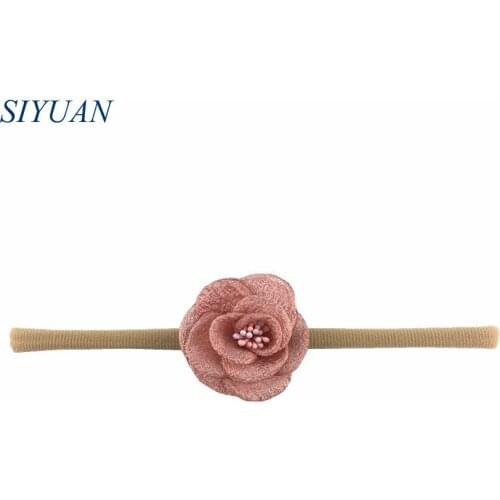 5pcs/lot Kids Daily Headwear Tan Color Nylon Elastic Headband with Seersucker Fabric Rose Flower Simple Hairband HB069