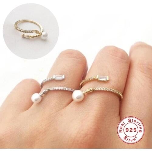 Aide 100% 925 Sterling Silver Rings Elegance With White Simulated Pearl Pendant Mini Zircon Crystal Women Open Size Finger Ring