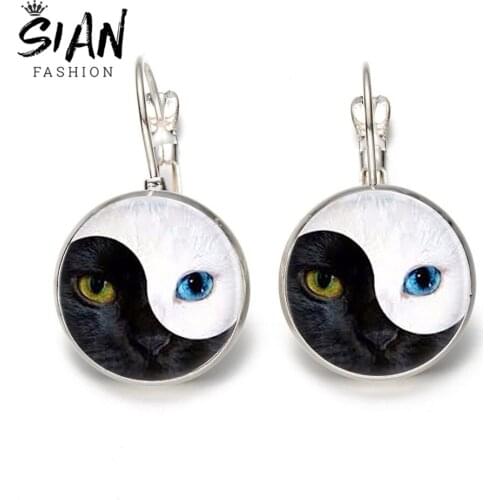 SIAN White and Black Yin Yang Cat Face Earrings Art Photo Glass Cabochon Earrings for Women Gifts Reiki Balance Yoga Zen Jewelry