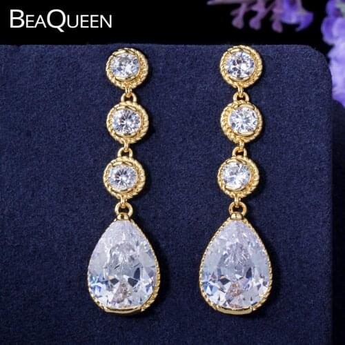 BeaQueen Luxury Yellow Gold Color Big Tear Drop CZ Stone Cubic Zirconia Long Bridal Wedding Earrings Jewelry for Women E211