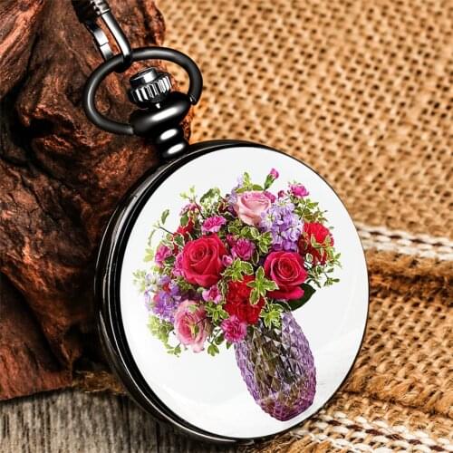 Rose Flower Bottle Printed Pattern Retro Quartz Pocket Watch Antique Black Pendant Fob Watches Arabic Numerals Timepiece