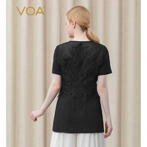 VOA Silk Black Square Collar Short Sleeve Impact Splicing Back Three-dimensional Decorative Fashion Temperament T Shirt BE617