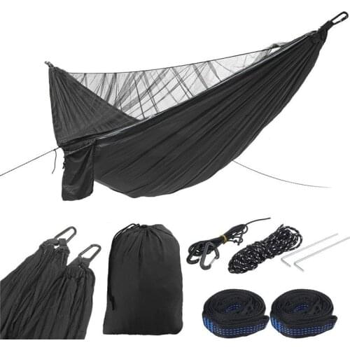 Black Double Camping Hammock With Mosquito Net Outdoor High Strength Fabric Hanging Bed Sleeping Swing