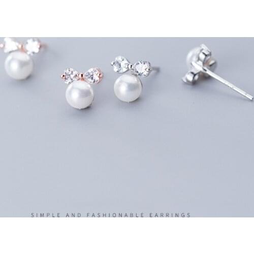 COLUSIWEI Shining Zircon bowknot Stud Earrings for Women Elegant Pearl Ear Studs 925 Sterling Silver Fashion Jewelry Bijoux