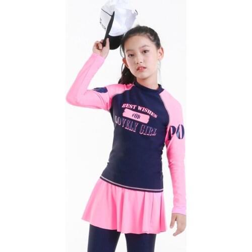Teenager girl rashguard swimsuit long sleeve padded shirt pants with skirt chindren kids beach wear 10-16Y