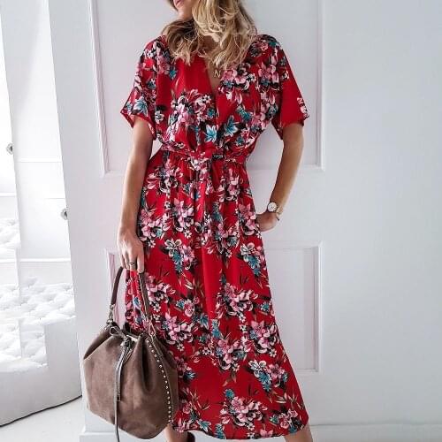 Summer Fashion Floral Print Dress 2021 Women Casual Loose V- Neck Short Sleeve Lace-up Knee-length Dresses Woman Beach Dress