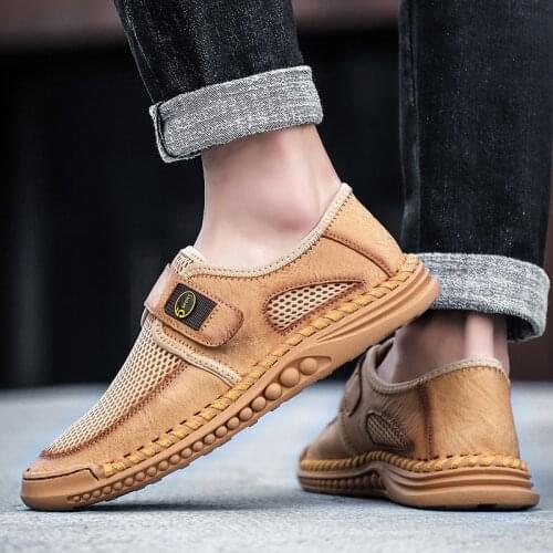 Mens Casual Shoes Sneakers for Men Summer Breathable Soft Comfy PU Shoes Handwork Velcro Sewing Plus Size Outdoor Hiking Shoes