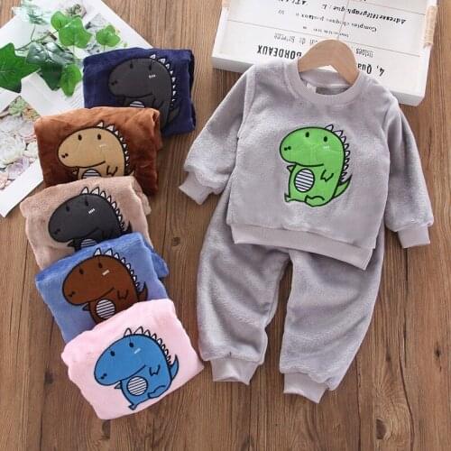 2021 New Children Pajamas Home Service Suits Winter Boys And Girls Flannel Pajamas Coral Fleece Warm Top + Pants 2pcs Suit
