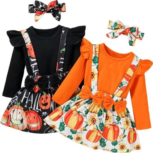 Autumn Toddler Infant Baby Girls Clothes Girls Sets 3pcs Solid Long Sleeve Pullover Tops Pumpkin Print Suspender Skirt Headdress