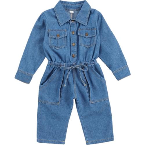 2-7Y Fashion Kids Girls Jumpsuits Blue Denim Long Sleeve Turn Down Collar Single Breasted Autumn Long Pants