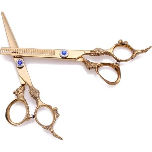 Barber Hair Scissors 5.5" 6" Japan Steel DIY Logo Hair Cutting Scissors Set 9003# Thinning Shears Beauty Shears Dragon Sculpture