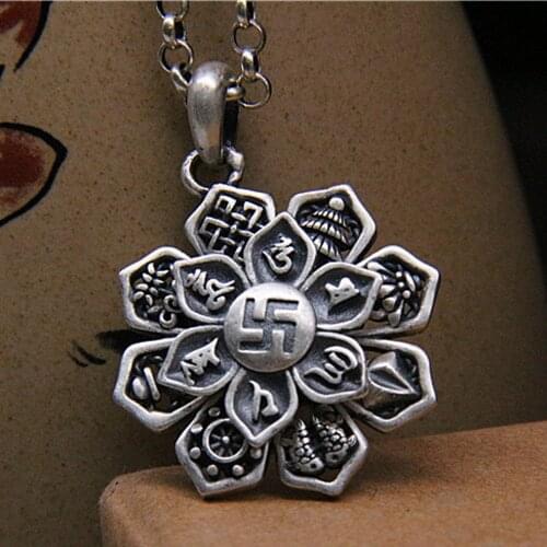 S990 pure silver vintage six-character mantra in Sanskrit swastika rotatable pendant men and women eight treasure lotus pendant