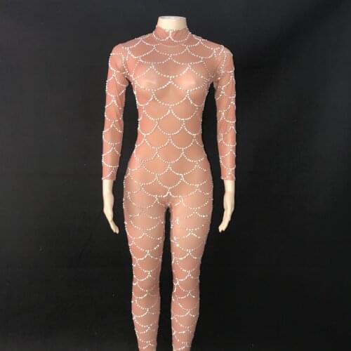 Sexy Silver Rhinestone jumpsuit Birthday Celebrate See Through Rompers Transparent Leggings Birthday Evening Outfit