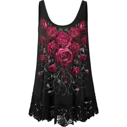 Tops Women U Neck Large Size L-5XL Clothing Sleeveless Vest T Shirt Dark Rose Floral Printing Summer Spring Casual Clothes D30