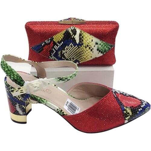 African Women Pumps Wedding Shoe and Bag Set PU Leather Party Wedding Snake Print Nigerian Shoe Matching Clutch Bag High Heels