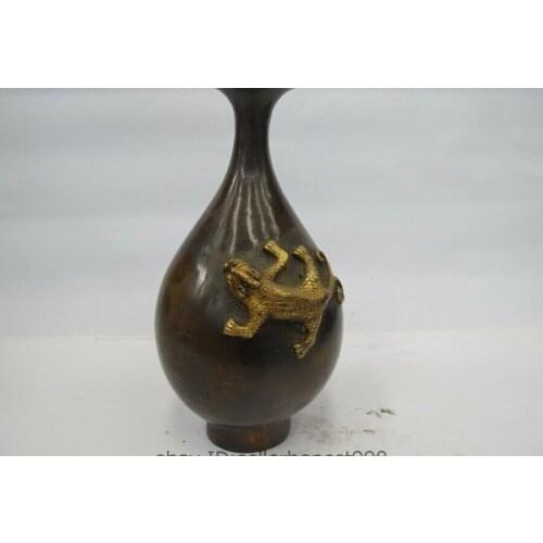 9"Chinese Folk Classical Bronze Gilt Boy White Tiger Dragon beast Pot Vase