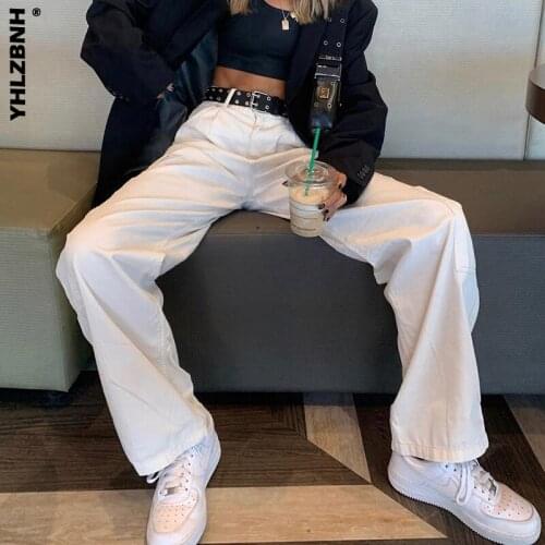 YHLZBNH Autumn Women Wide Leg Jeans Cargo Pants White Pockets Woman Jeans High Waist Streetwear Casual Demin Straight Pants