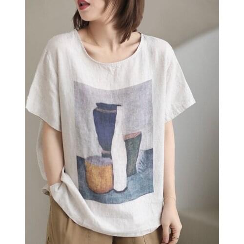 21Summer Tshirts Women Casual Print Furcal Loose Female Cotton Linen Tees Wild