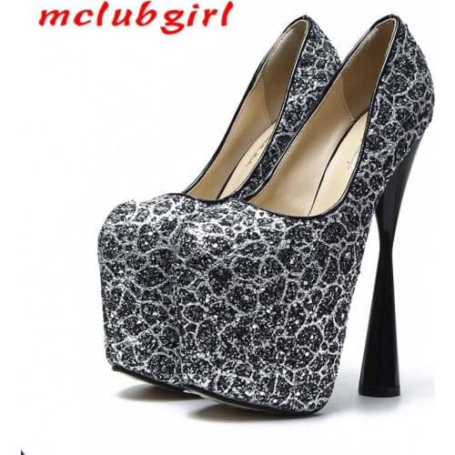 Mclubgirl 2020 Super High Thick 20cm Shallow Mouth Color Matching Sequins Nightclub Womens Shoes Tide Sexy MJL